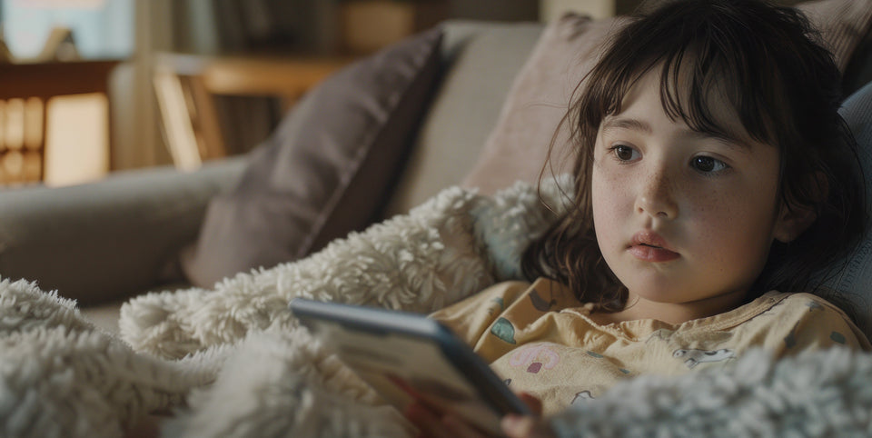 Excessive Screen time leads to depression in children. Anxious girl holding tablet.