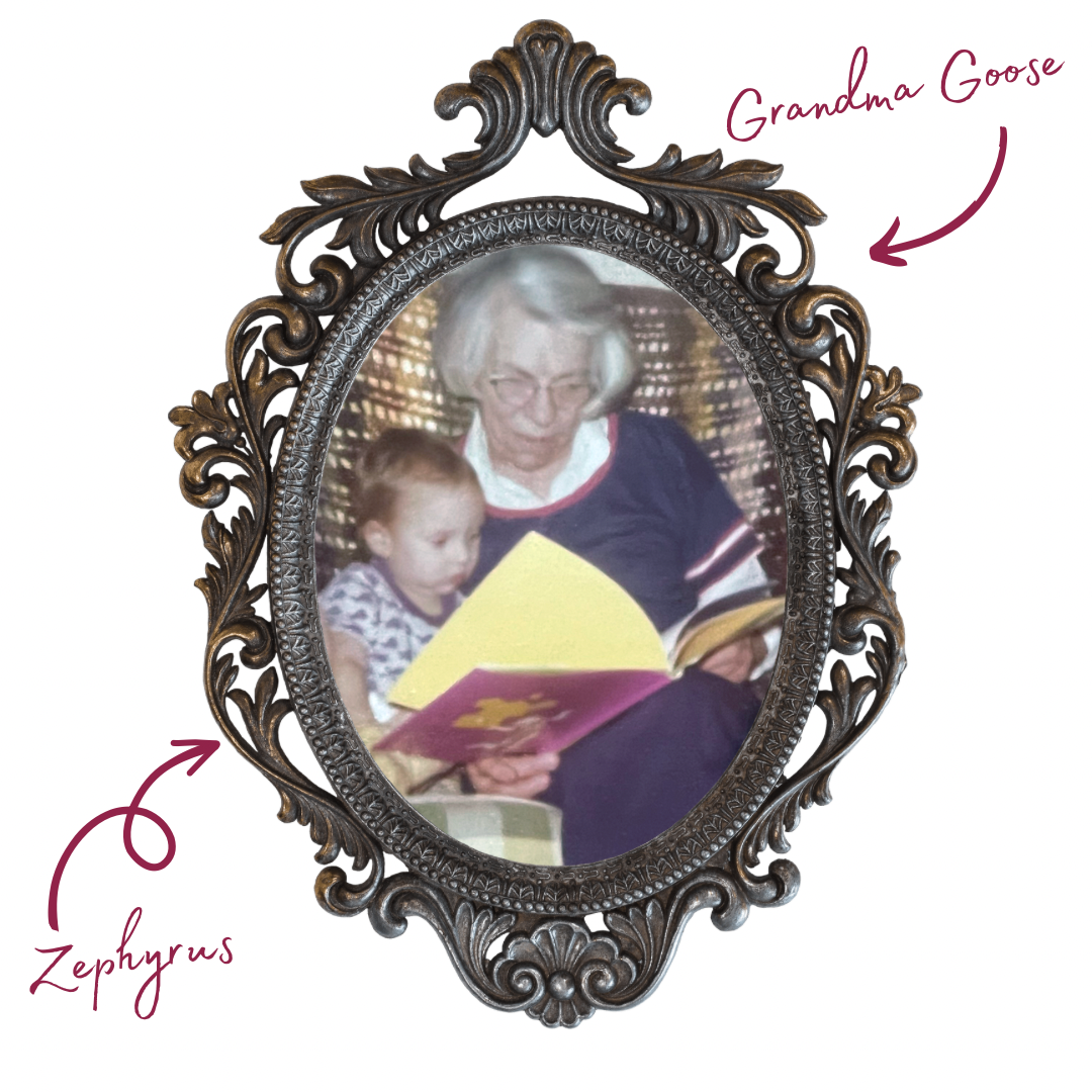 Grandma Goose reads young Zephyrus a book 