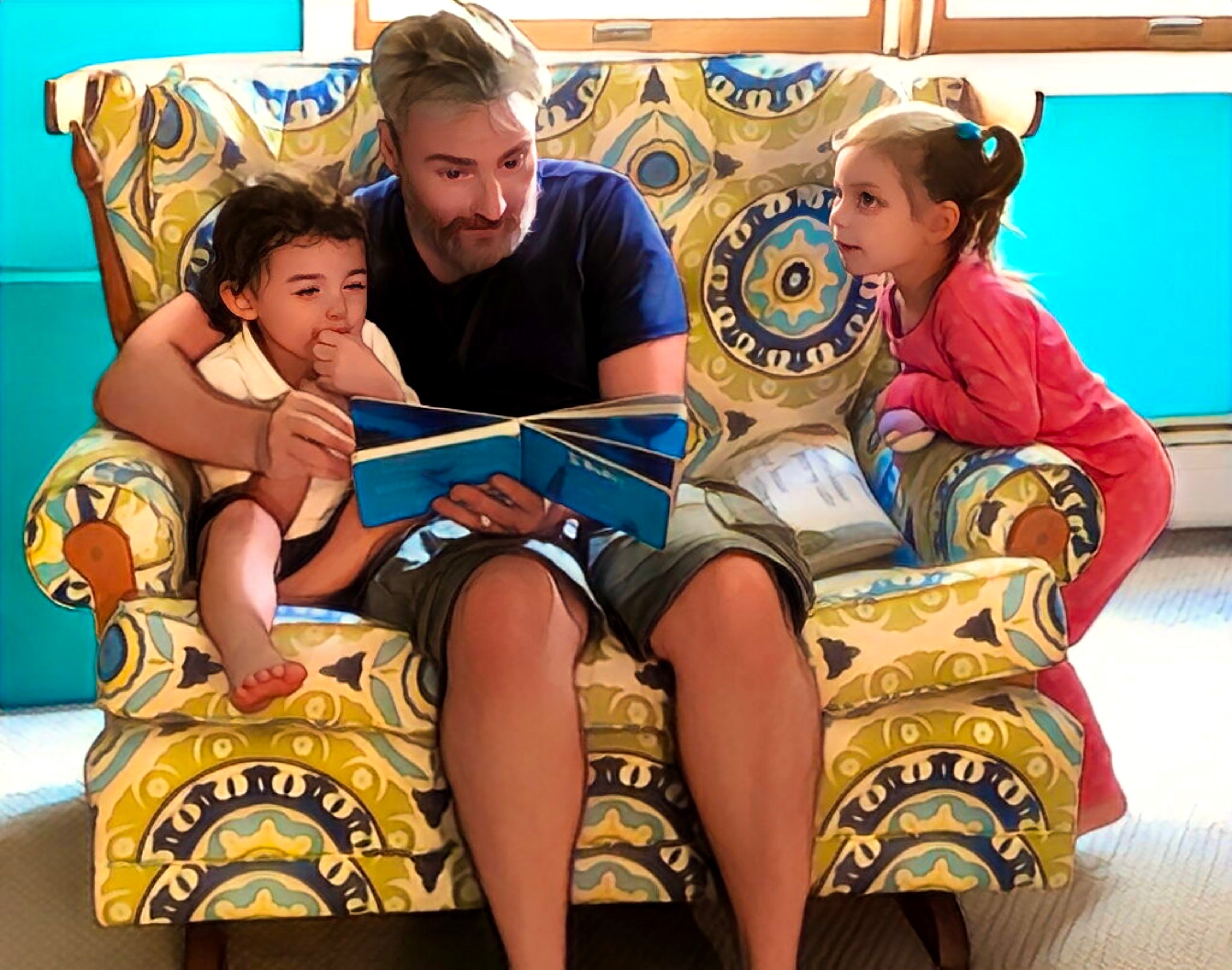 Zephyrus reads a storybook to two children