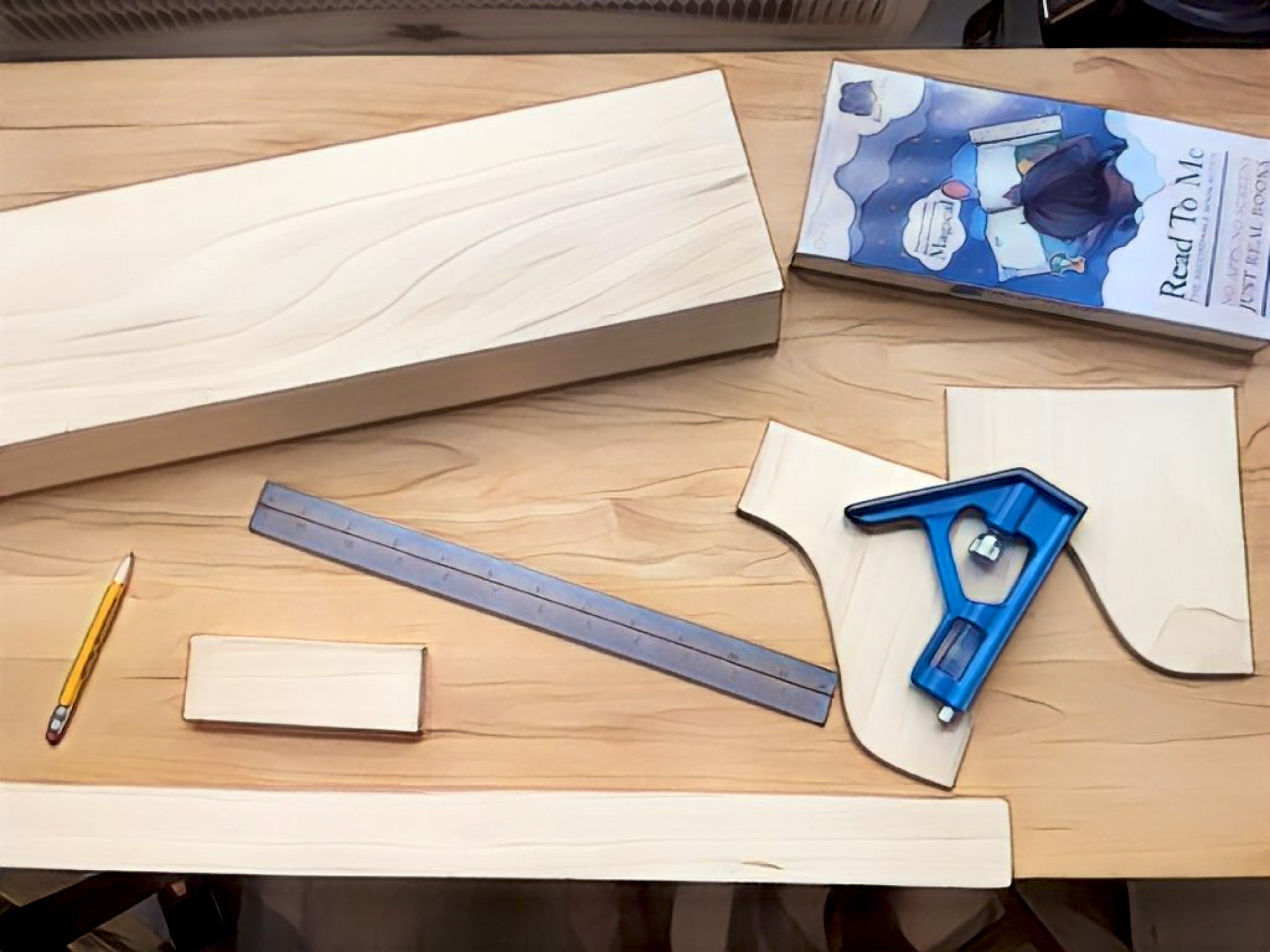 Wooden surface with woodworking tools, a Recordable Book Buddy, and materials including a ruler, pencil, and wooden pieces
