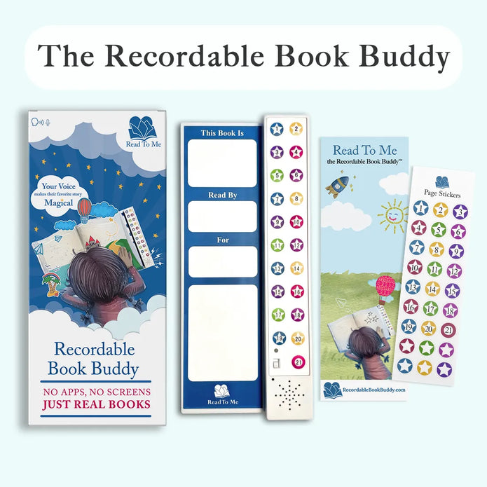 The Read To Me: Recordable Book Buddy set with colorful stickers and voice recording feature for interactive reading.